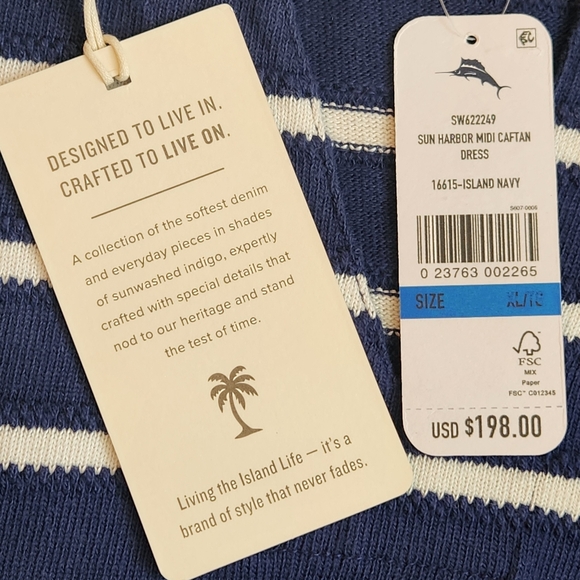 Tommy Bahama Midi Dress XL Navy Blue Cotton Sun Harbor Striped Kaftan New $200 - Picture 7 of 16